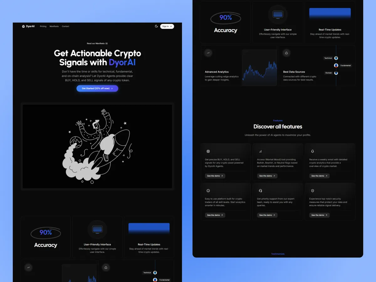 DyorAI landing and feature pages